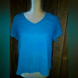 Womans Medium Loosefit Blouse Turquoise Back Slit Midsleeve Top Round Neck Shirt